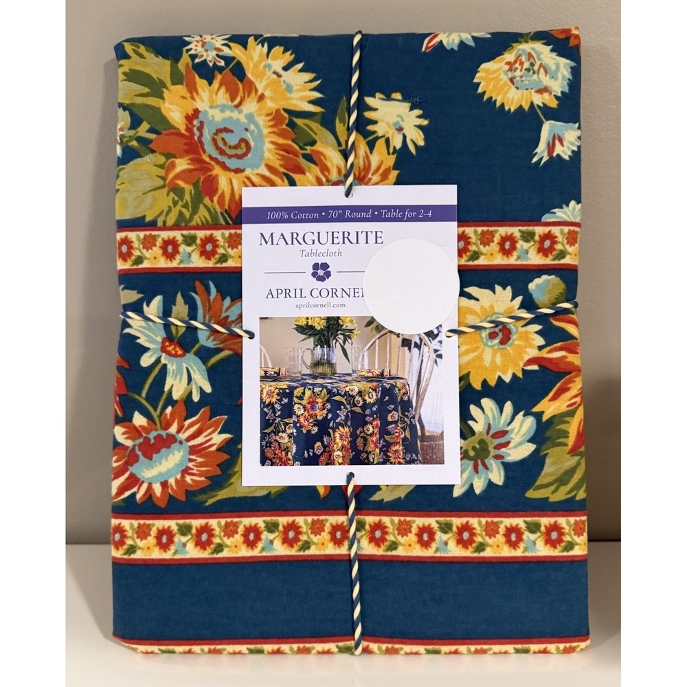 April Cornell Marguerite Floral Tablecloth 70 round Colorful Navy Yellow Cottage